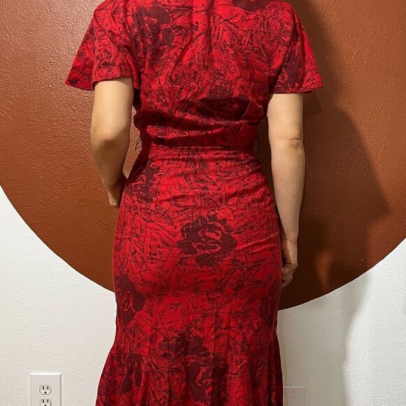vtg 80s wrap shirt dress asymmetric ruffle rose print fitted‎ button Medium - Picture 3 of 5